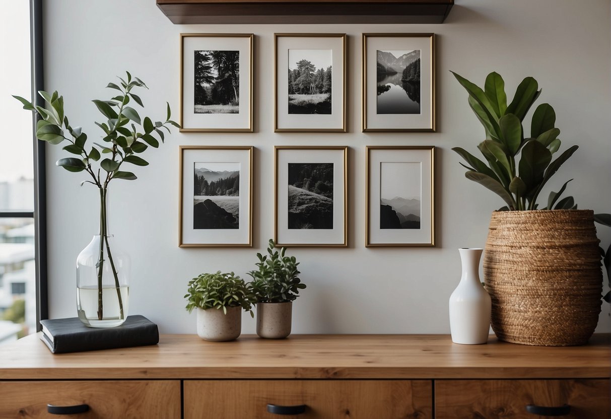 A hand reaches out to carefully select a picture frame from a shelf, surrounded by various interior decor items