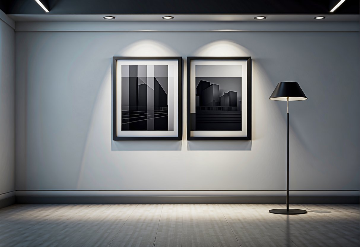 A picture frame hangs on a white wall, casting a shadow. The frame is simple, with clean lines and a neutral color
