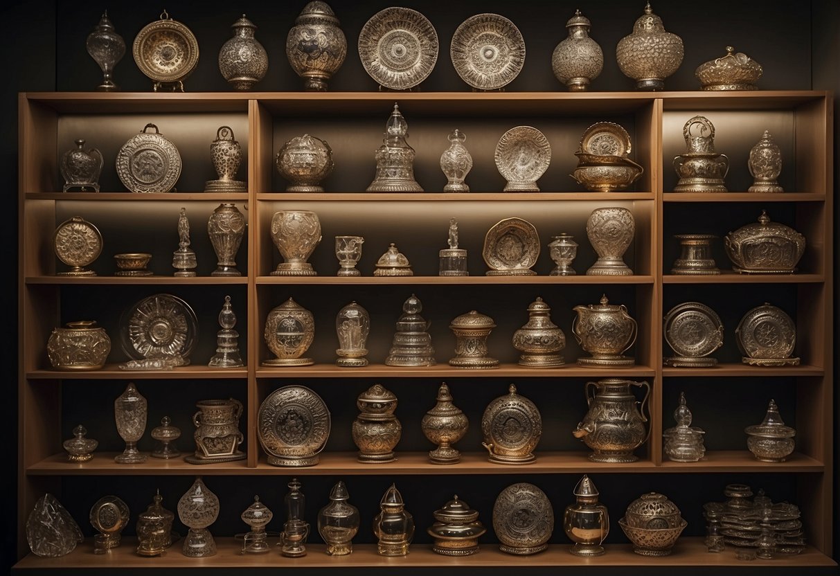 Unique items arranged on shelves, requiring custom frames and display cases. Various shapes and sizes, from delicate to large and unconventional