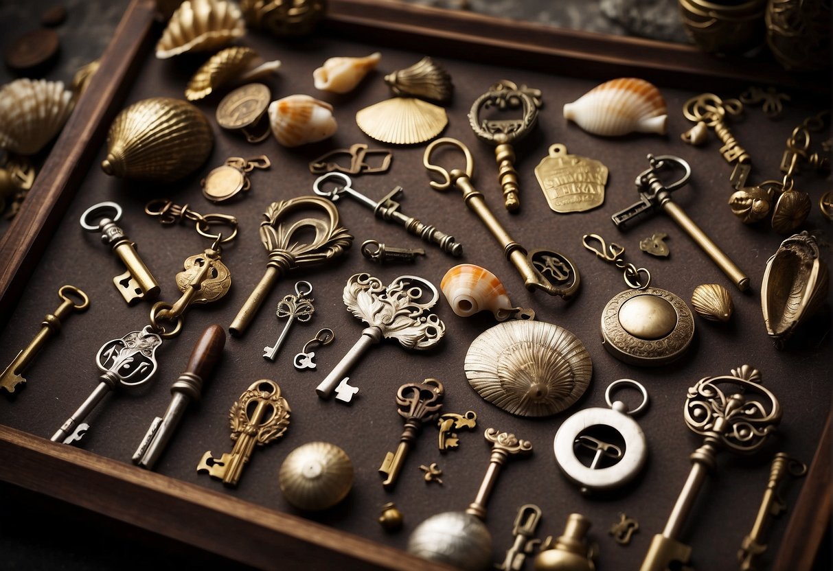 Various uncommon objects, such as antique keys, vintage coins, and seashells, are carefully arranged and framed using unique techniques